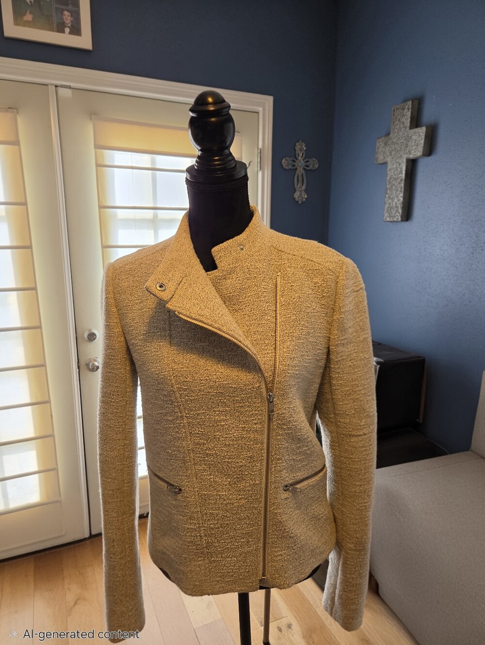 Womens Textured Zip Front Jacket - BeigeTheory Macha Madison Tweed Moto Jacket